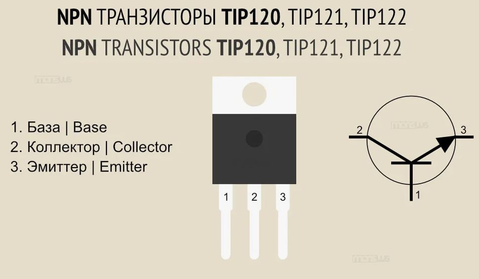 Биполярный транзистор TIP121 TO220, NPN Дарлингтон 80В 5А Биполярные транзисторы